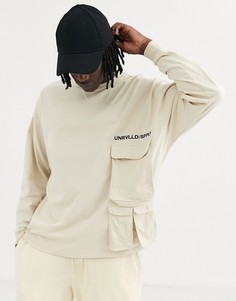 Плотный oversized-лонгслив с карманами в стиле милитари и вышивкой "Unrivalled Supply" ASOS DESIGN-Бежевый