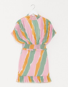 Платье мини в пастельную полоску с плиссированным лифом и присборенной юбкой ASOS DESIGN-Мульти