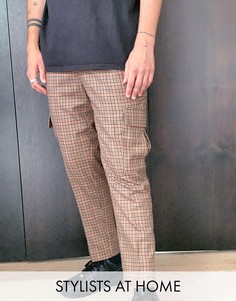 Суженные короткие коричневые брюки в клетку с карманами-карго ASOS DESIGN-Коричневый