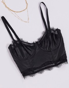 Атласный удлиненный бюстгальтер на косточках с кружевом ASOS DESIGN-Черный