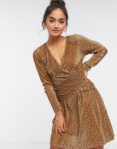 Плиссированное платье мини в горошек с отделкой ASOS DESIGN-Коричневый