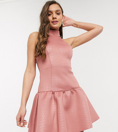 Темно-розовое короткое приталенное платье с высоким воротом и тиснением ASOS DESIGN Petite-Розовый