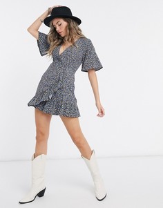 Платье мини с цветочным принтом Topshop-Синий