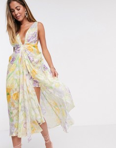 Платье миди с цветочным принтом и глубоким вырезом ASOS EDITION-Розовый