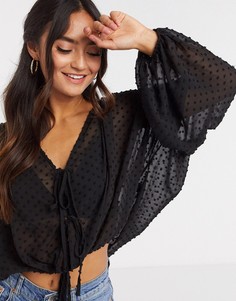 Черный топ с длинными рукавами и узором в горошек ASOS DESIGN