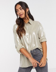 Серебристая рубашка металлик с длинными рукавами ASOS DESIGN-Серебряный
