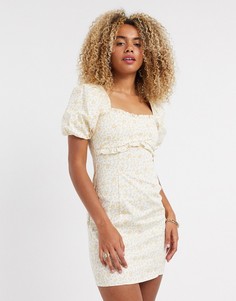 Платье мини с пышными рукавами и цветочным принтом Topshop-Мульти