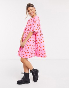 Свободное oversized-платье с оборками на рукавах ASOS DESIGN-Розовый
