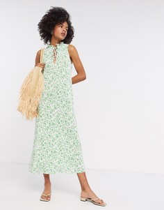 Плиссированное платье миди с зеленым цветочным принтом ASOS DESIGN-Зеленый