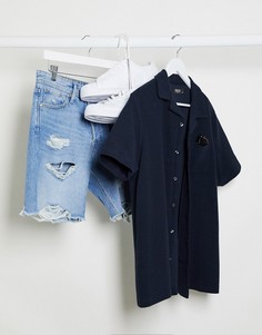 Темно-синяя фактурная рубашка с отложным воротником и короткими рукавами Burton Menswear-Темно-синий