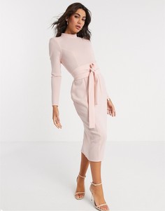 Розовое платье миди с длинными рукавами и поясом оби ASOS DESIGN-Розовый