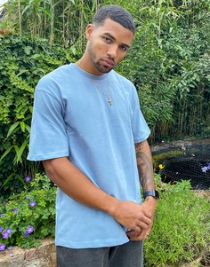 Голубая футболка в стиле oversized из плотного органического хлопка Selected Homme-Синий