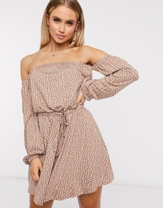 Платье мини в горошек с открытыми плечами ASOS DESIGN-Светло-бежевый