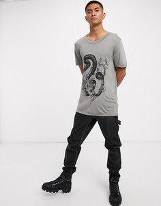 Длинная вискозная футболка с принтом змеи и необработанными краями ASOS DESIGN-Серый