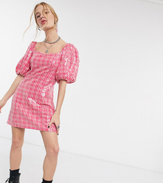 Платье в клетку с пышными рукавами и пайетками Reclaimed Vintage inspired-Розовый