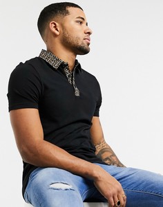 Приталенное поло из органического хлопка с цветочным принтом ASOS DESIGN-Черный