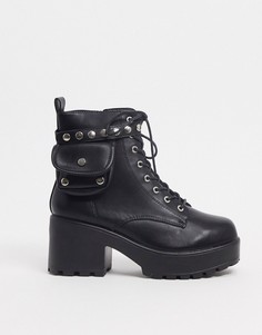 Черные ботинки из искусственной кожи на шнуровке с карманом Koi Footwear-Черный