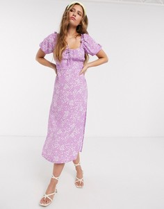 Платье миди с цветочным принтом и сборками на груди Faithfull-Фиолетовый