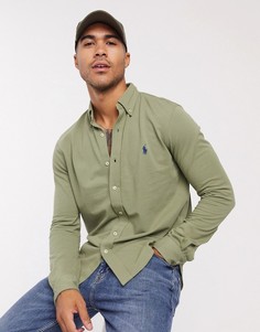 Узкая рубашка из пике шалфейно-зеленого цвета с логотипом Polo Ralph Lauren-Зеленый