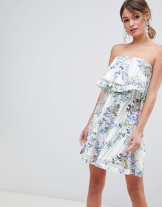 Платье-бандо мини в полоску с цветочным принтом и отделкой кроше ASOS DESIGN-Мульти