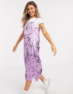 Лавандовое атласное платье миди на бретельках с принтом "далматинец" Influence-Фиолетовый