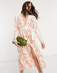Атласное ярусное платье макси с абстрактным принтом ASOS DESIGN-Мульти