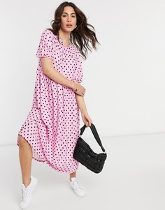 Черно-розовое свободное платье миди со сборками на воротнике ASOS DESIGN-Розовый