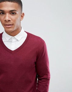 Бордовый хлопковый джемпер с V-образным вырезом ASOS DESIGN-Красный