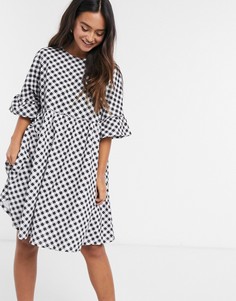 Черное платье мини в клеточку с оборками на рукавах ASOS DESIGN-Черный