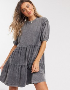 Серое ярусное платье мини с пышными рукавами ASOS DESIGN-Серый