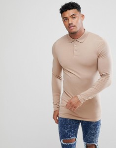 Удлиненная облегающая трикотажная футболка-поло с длинными рукавами ASOS DESIGN-Бежевый