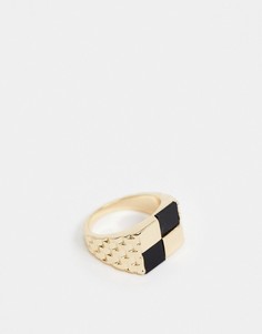 Золотистое кольцо-печатка с шахматной отделкой ASOS DESIGN-Золотой