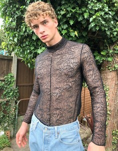 Черный кружевной лонгслив с высоким воротником ASOS DESIGN