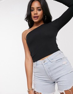 Черный лонгслив на одно плечо в рубчик ASOS DESIGN