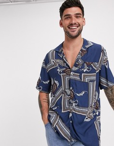 Синяя рубашка с короткими рукавами и принтом Burton Menswear-Синий