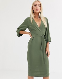 Платье-футляр миди цвета хаки с рукавами кимоно и V-образным вырезом ASOS DESIGN-Зеленый
