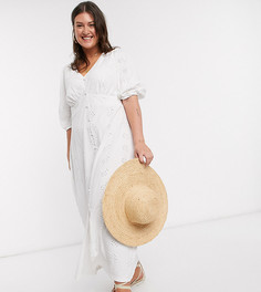 Белое чайное платье макси с пышными рукавами и вышивкой ришелье ASOS DESIGN Curve-Белый