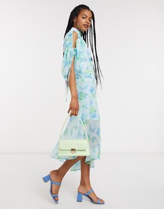 Присборенное платье мидакси на одно плечо с винтажным цветочным принтом Lost Ink-Синий