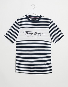 Темно-синяя футболка с полоской на груди и логотипом Tommy Hilfiger-Темно-синий