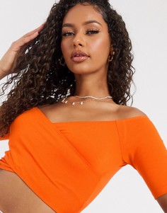 Кроп-топ с открытыми плечами и запахом мандаринового цвета ASOS DESIGN-Оранжевый