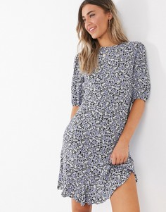 Черное чайное платье мини с принтом и оборкой по краю New Look-Черный