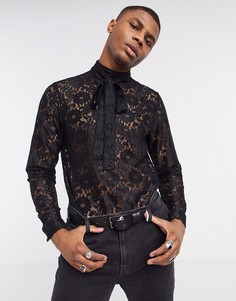 Черная рубашка классического кроя с кружевом ASOS DESIGN-Черный