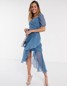 Платье миди с запахом и необработанными краями ASOS DESIGN-Зеленый