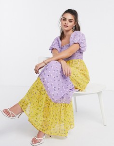 Ярусное платье макси с пышными рукавами и цветочным принтом ASOS DESIGN-Мульти