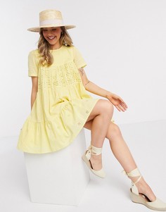 Желтое свободное платье мини с вышивкой ришелье ASOS DESIGN-Желтый