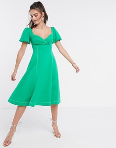 Зеленое платье миди для выпускного с пышными рукавами ASOS DESIGN-Зеленый