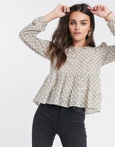Кружевной топ кремового цвета с пышными рукавами River Island-Кремовый