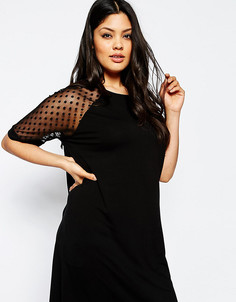 Цельнокройное платье с рукавом из сеточки в горошек ASOS CURVE-Черный