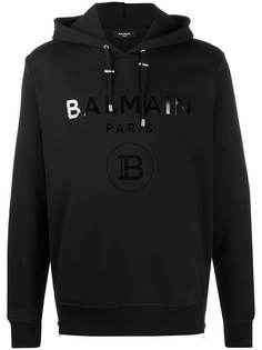 Balmain metallic logo print side zip hoodie
