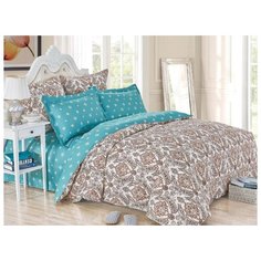 Постельное белье 2-спальное Cleo Satin de Luxe 447-SK, сатин голубой/коричневый